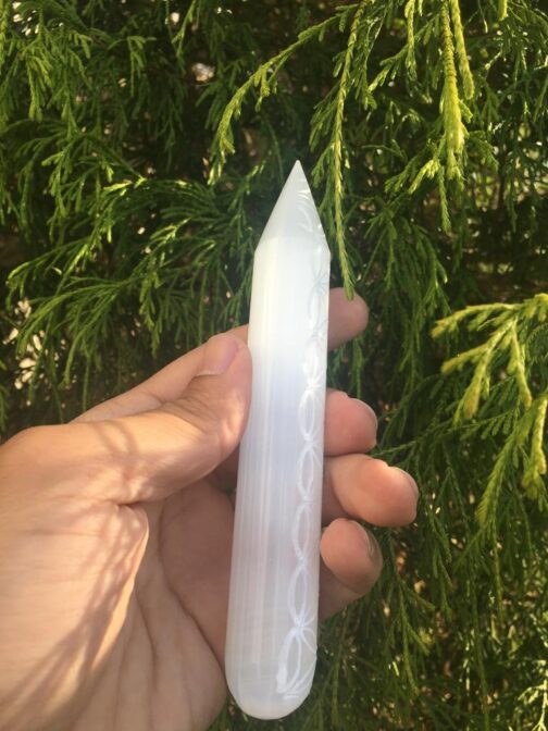 selenite pointed engraved wand