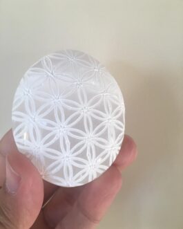 High Quality Selenite Palm Stone – Engraved Flower of Life – Polished Stone Oval