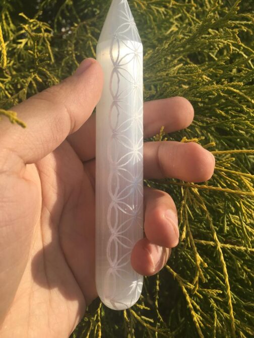 selenite pointed engraved wand