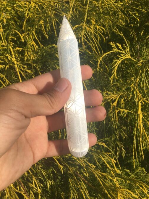 selenite pointed engraved wand