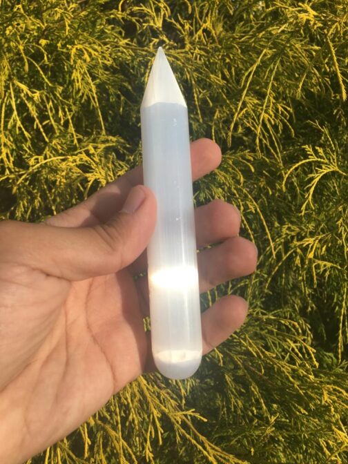 selenite pointed engraved wand