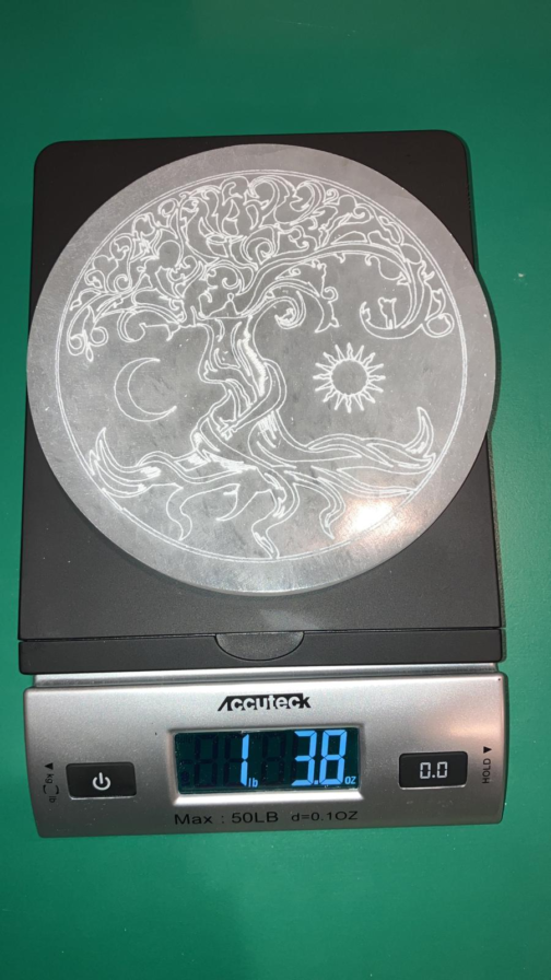 Selenite Charging Plate with Etched Tree of Life Sun and Moon