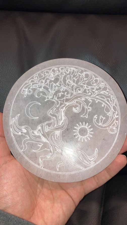 Selenite Charging Plate with Etched Tree of Life Sun and Moon