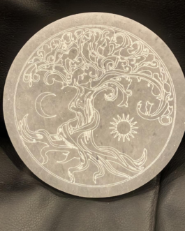 Selenite Charging Plate with Etched Tree of Life Sun and Moon