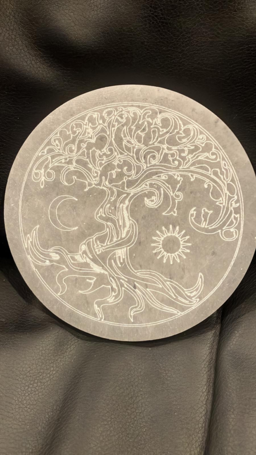 Selenite Charging Plate with Etched Tree of Life Sun and Moon