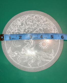 Large Selenite Charging Plate with Etched Tree of Life Sun and Moon Design Polished Circle Engraved Dish for Crystal Charging on round Grid