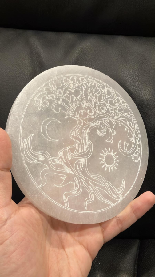 Crystal Cleansing,selenite plate,large selenite plate,selenite desk,Metatron Cube,selenite Metatron,Engraved Selenite,Selenite Decor Gift,Selenite Geometry,Selenite Sacred plate,Laser Engraved dish,Charging Platform,Charging Plate moon and sun plate