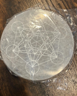 Large Selenite Laser Engraved Charging Platform Disc – Metatron’s Cube – Sacred Geometry Crystal Cleansing – 6″ Engraved Selenite Decor Gift