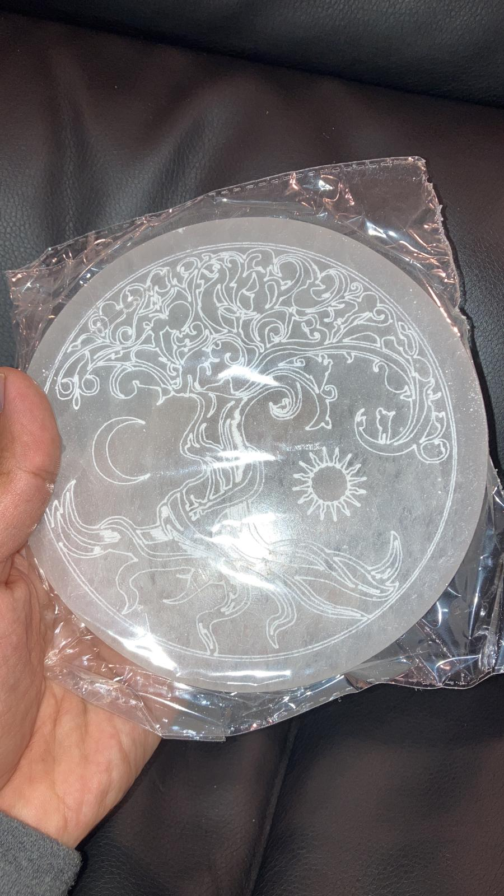 Selenite Charging Plate with Etched Tree of Life Sun and Moon