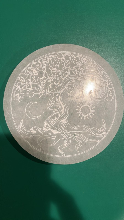 Selenite Charging Plate with Etched Tree of Life Sun and Moon