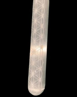 Clear Selenite Etched Chakra round Massage Wand, Meditation Stick, Chakra Symbol Carving flower of life