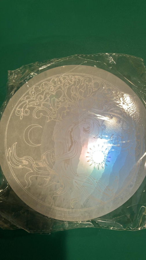 Selenite Charging Plate with Etched Tree of Life Sun and Moon