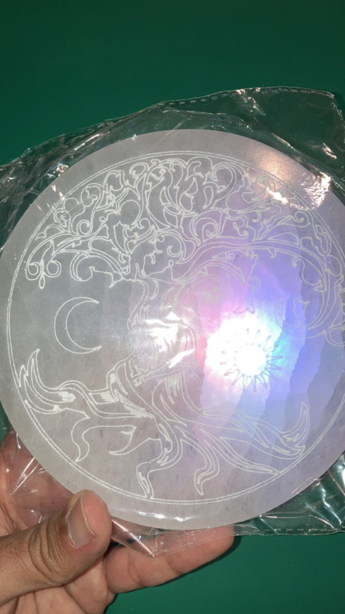 Selenite Charging Plate with Etched Tree of Life Sun and Moon